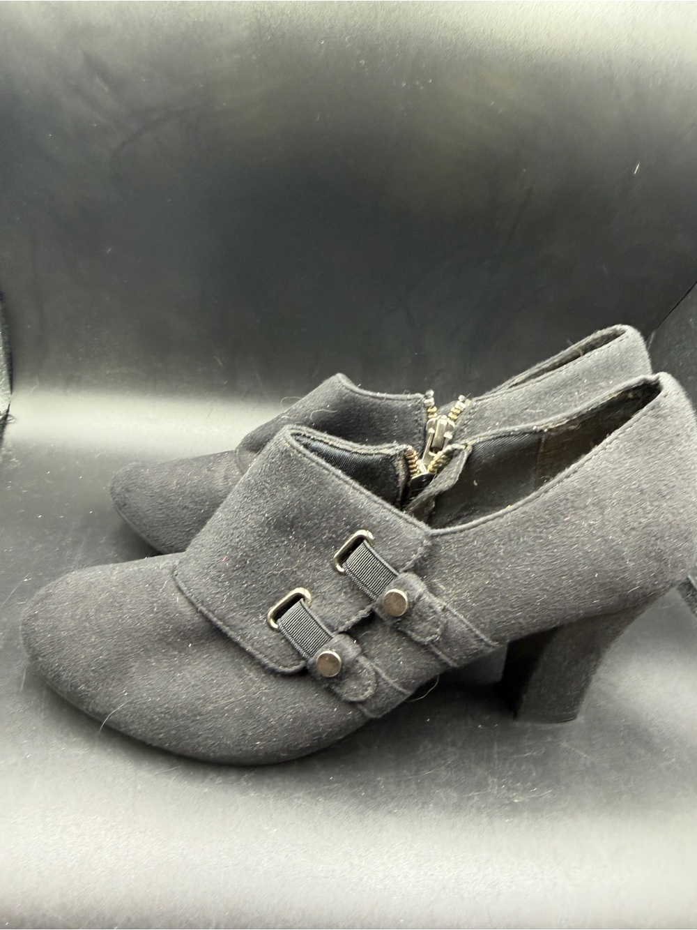Life Stride Black Suede Buckle Block Heel Ankle Boots